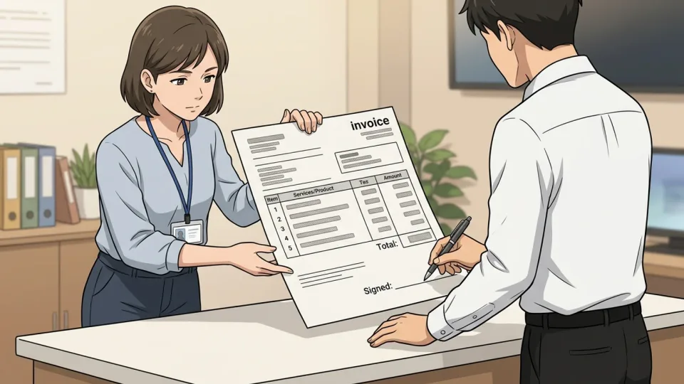 経理担当者が署名済み請求書を支払申請に添付している