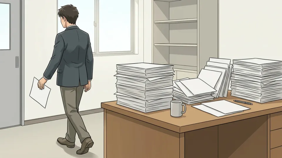 仕事を途中で投げ出して立ち去る男性のイラスト