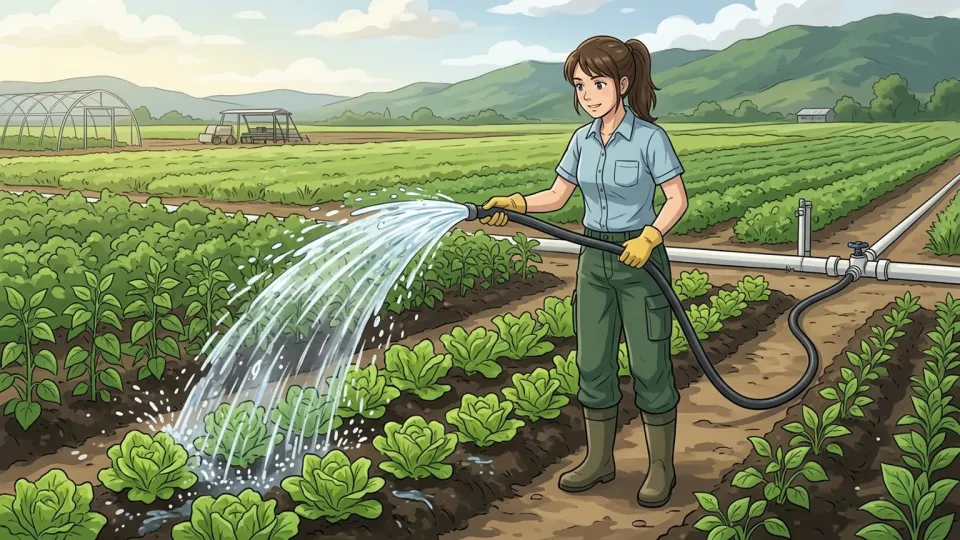 畑の作物に水が供給されている様子