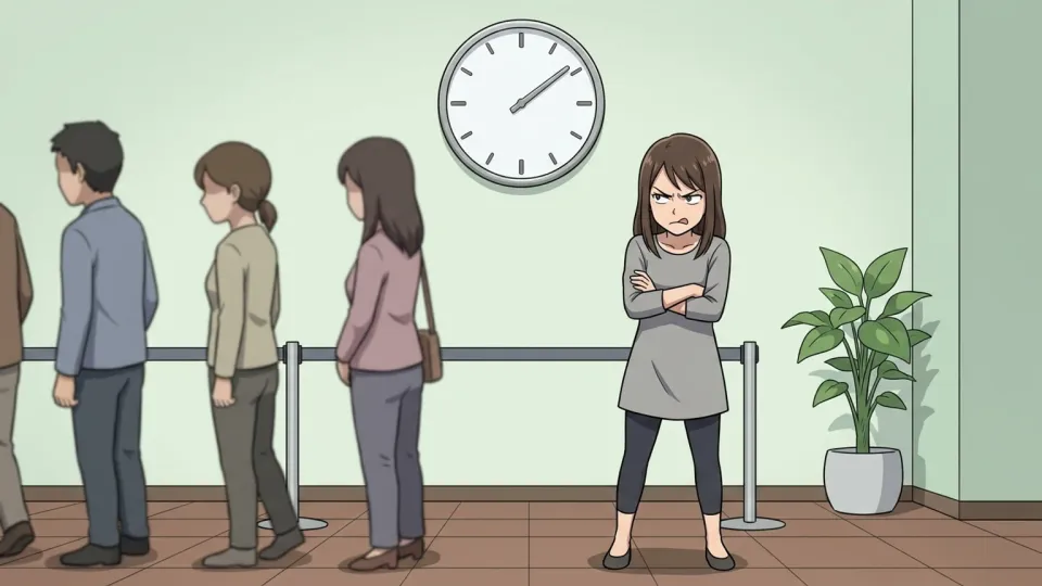 行列でいらいらしている女性のイラスト
