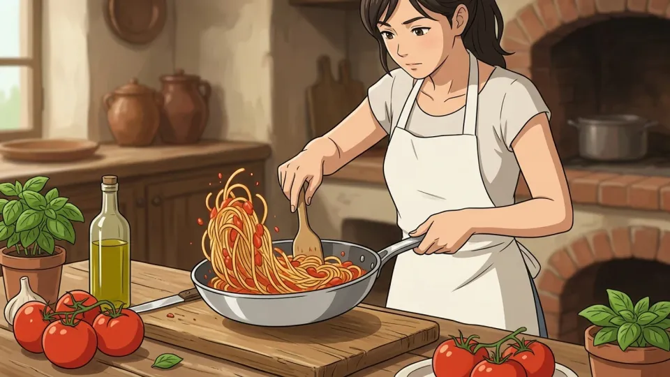 女性がキッチンでイタリア料理を調理している様子