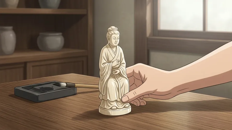 机の上に置かれた精巧な象牙の彫像