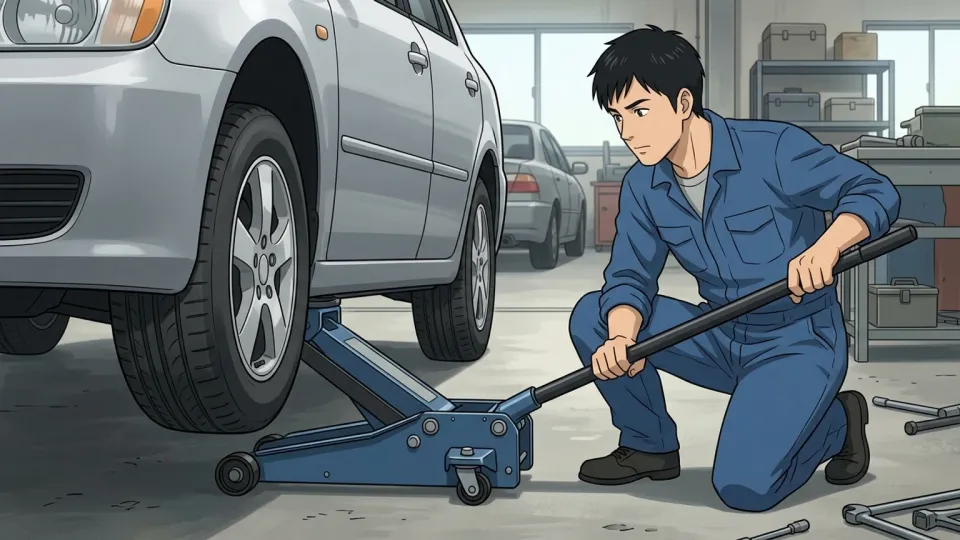 タイヤ交換のためにジャッキで持ち上げられた車。