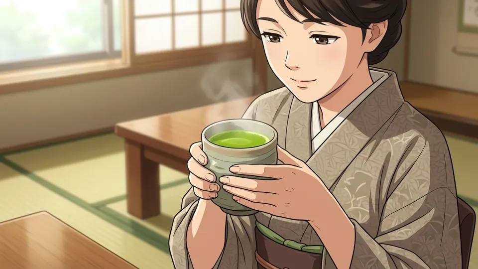 湯呑みに入った緑茶を見つめる女性