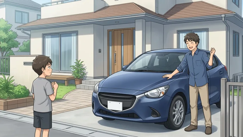 新しい車をうらやましそうに見つめる弟