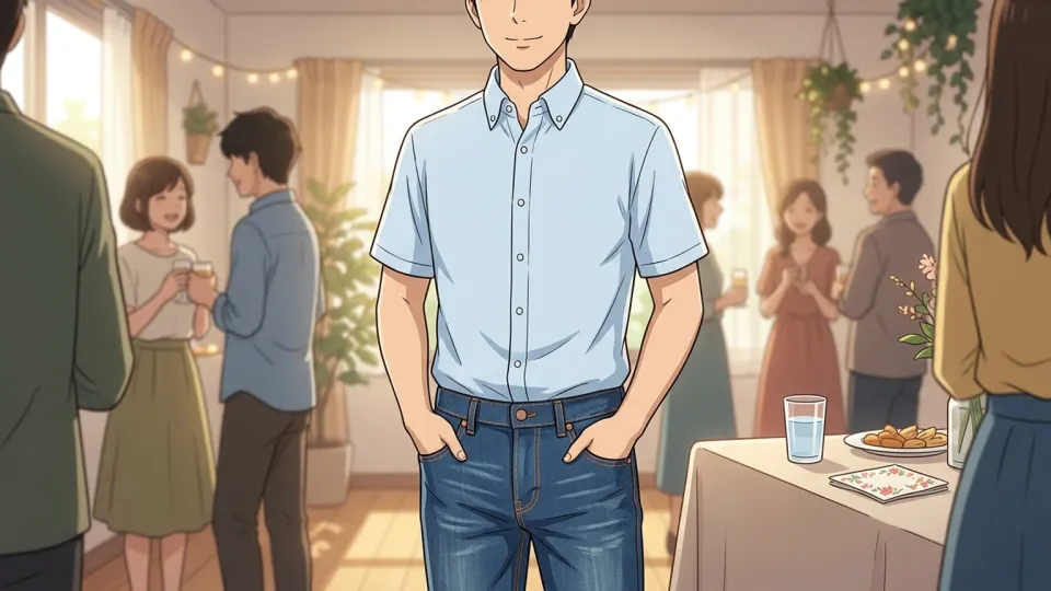 青いシャツとジーンズを履いた男性