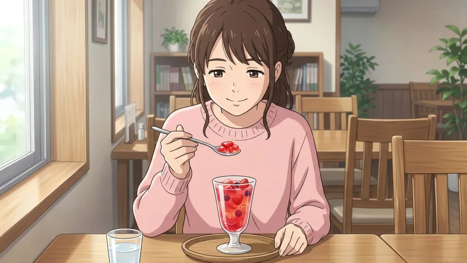 女性がフルーツゼリーを食べている様子