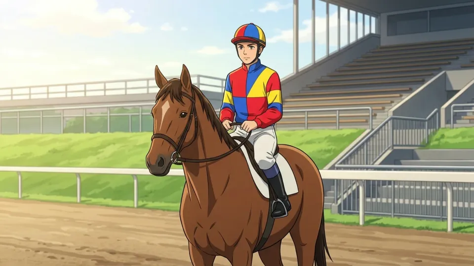 鮮やかな服を着た騎手と馬のイラスト