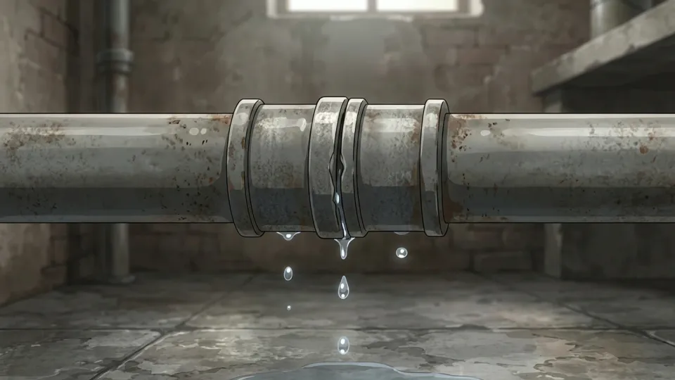 パイプの継ぎ目から水が漏れている様子
