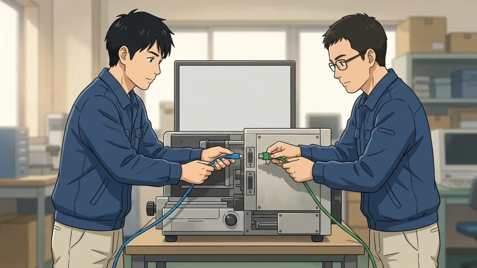 2人の技術者が並んで1つのモニターを操作しているイラスト