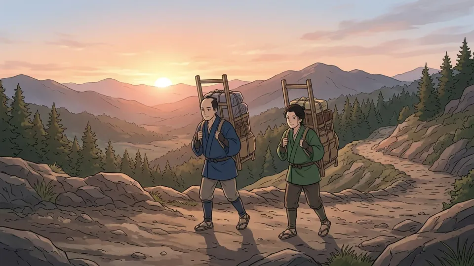 朝日の中を山道へ向かう旅人たち