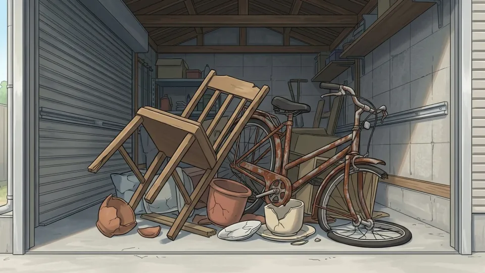 車庫に積み上げられた古い道具や家具の山。