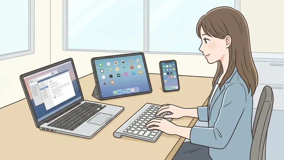 オフィスの机で、社員が三台の機器の前に置いた一台のワイヤレスキーボードを操作している様子