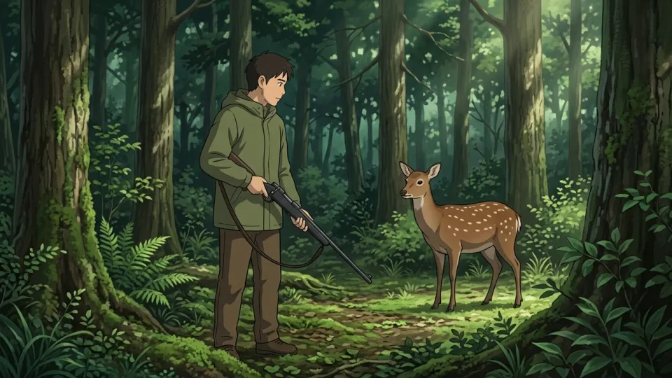 森の中で鹿を殺すことをためらう猟師