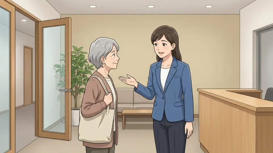 受付係が親切にオフィスへ案内する様子
