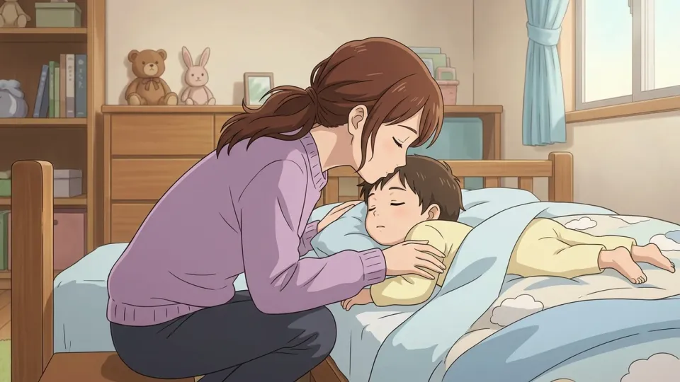 母親が子供の額にキスをしている。