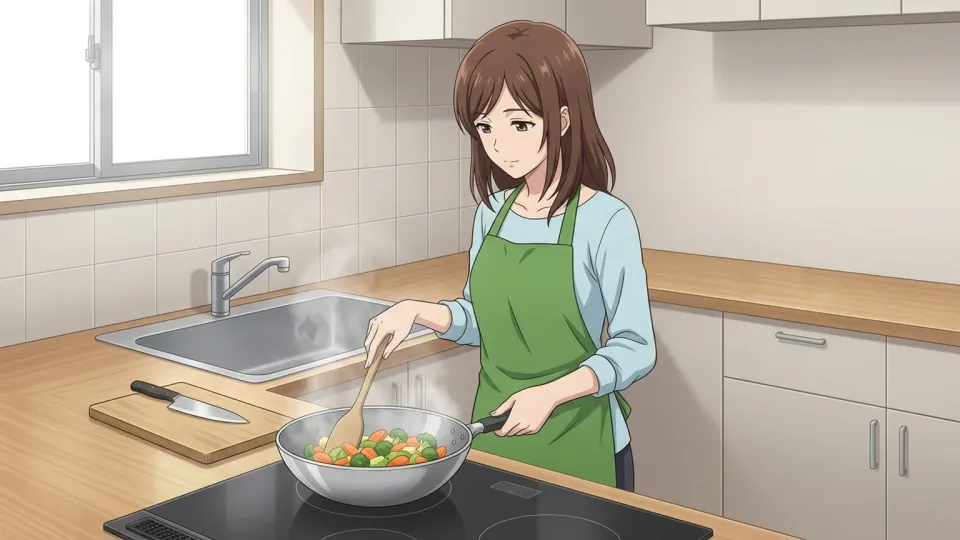 台所で夕食を準備する母親