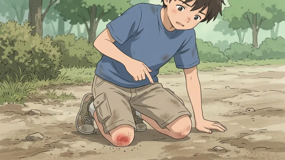 地面でひざをすりむいた少年
