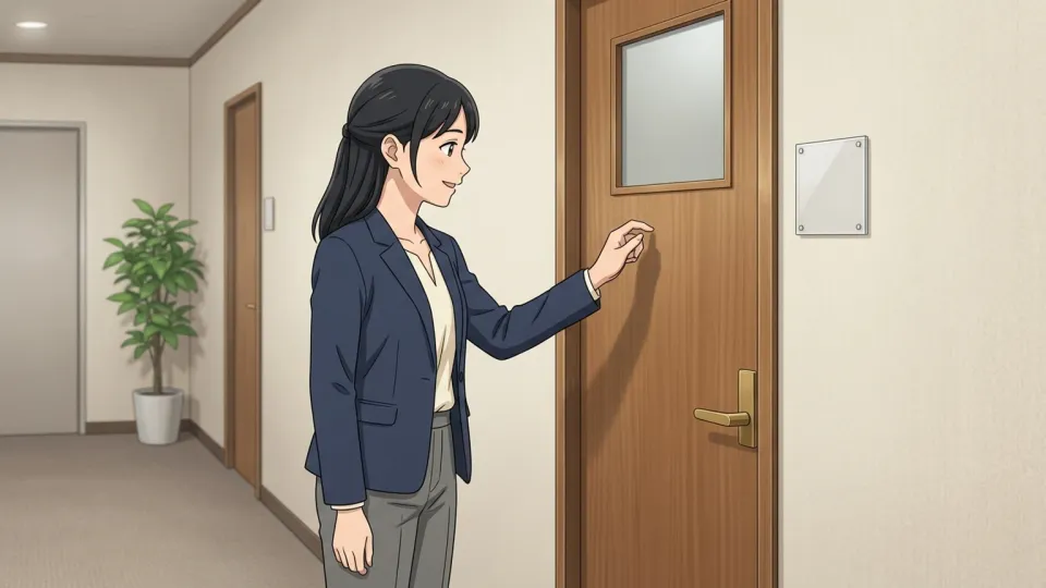 オフィスに入る前にドアをたたく人物。