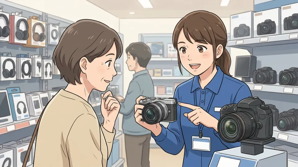 家電売り場で知識豊富な店員が二つの製品モデルの違いを客に説明している様子