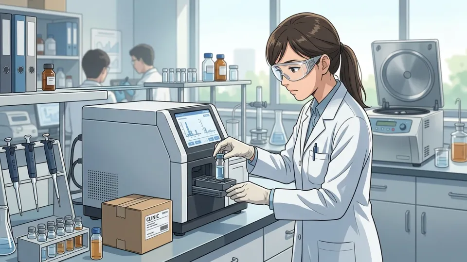 白衣と保護眼鏡を着けた技術者が、研究室の分析装置に診療所から届いた水の試料をセットしている場面の様子