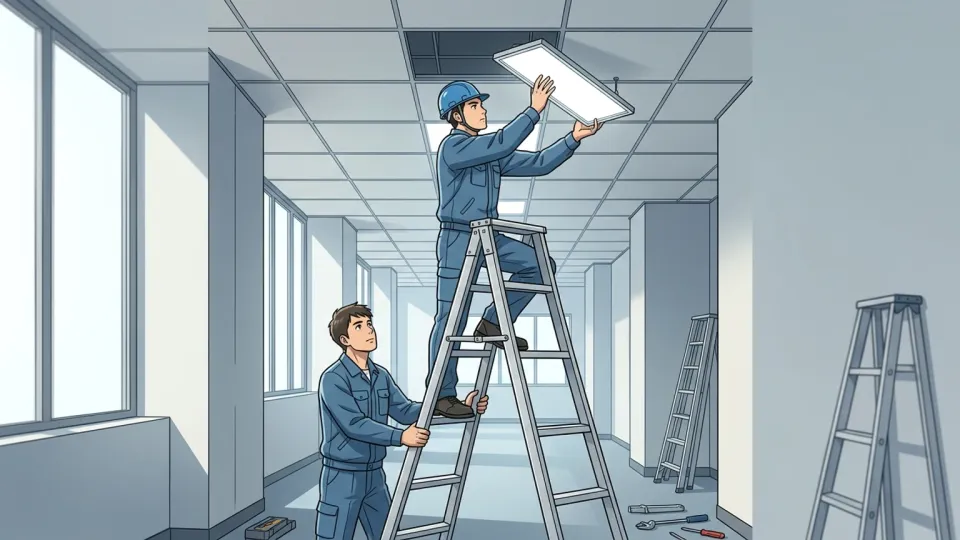 技術者が安定したはしごに上り、同僚が下で支えながら天井照明を交換している様子