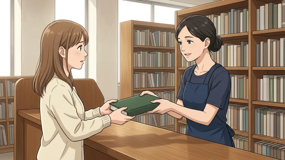 図書館で本を探すのを手伝ってくれる女性