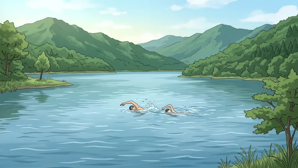 湖で泳ぐ人々