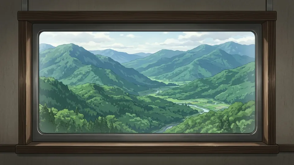 列車から見える美しい山の風景。