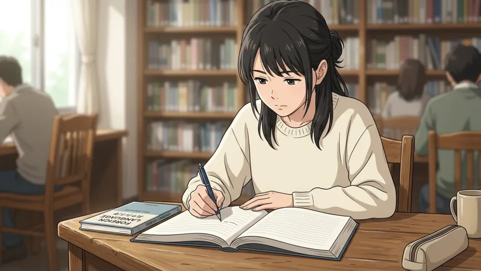 図書館で教科書を開いて勉強する女性