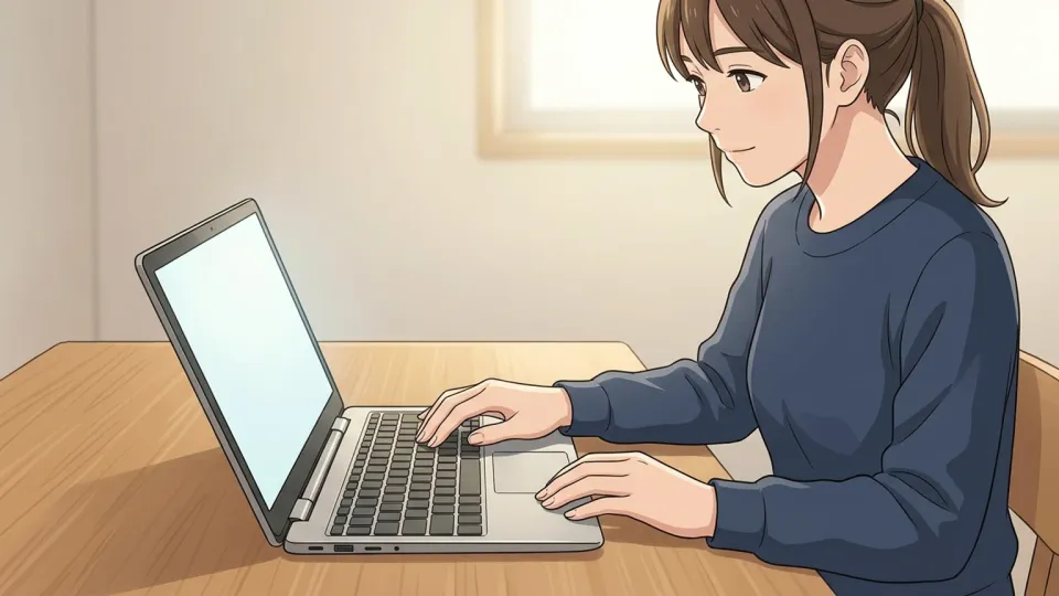 机の上でノートパソコンを開く女性