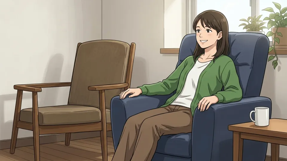 女性が2つの椅子のうち後者の椅子に座って微笑んでいる様子