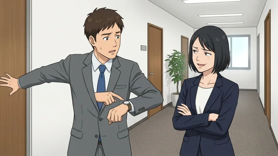 遅刻の言い訳をして同僚に呆れられている男性のイラスト
