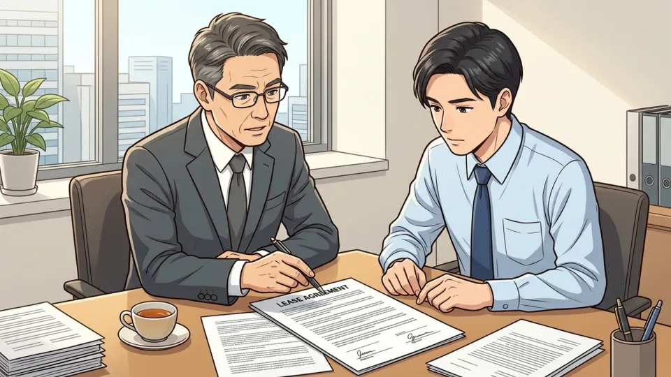 借主が法律顧問と賃貸借契約書を確認している