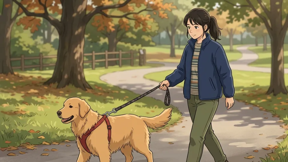 女性がリードをつけて犬を散歩させているイラスト