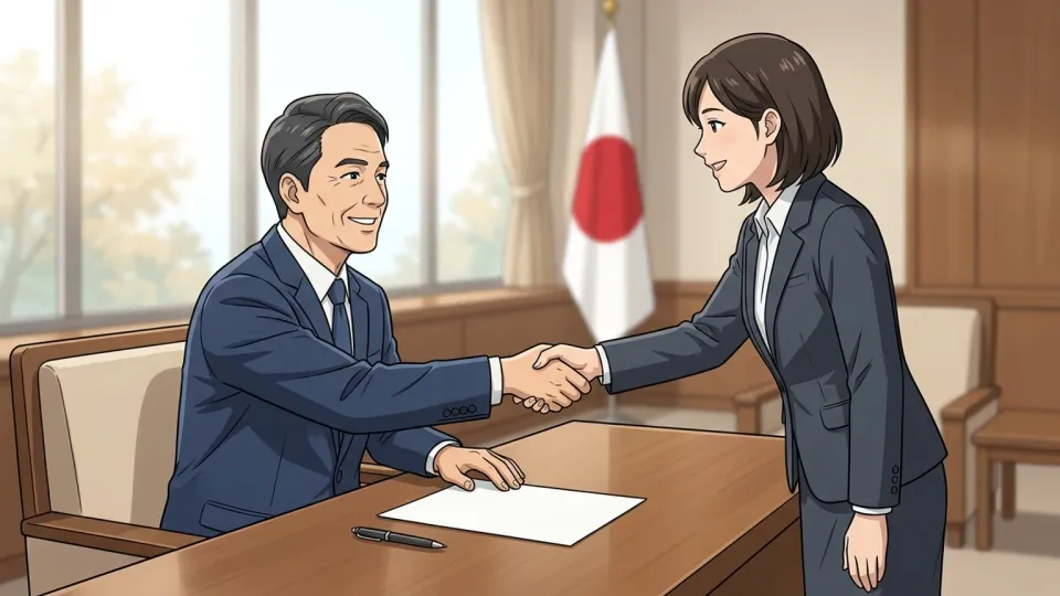 政府高官と事業者が公式な許可証の前で握手している様子。