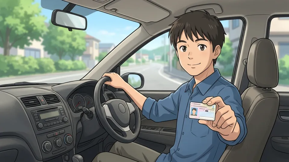 運転免許証を持って車に乗る若いドライバー