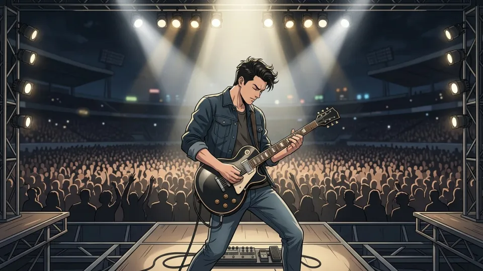 スタジアムで伝説的な演奏をするギタリスト
