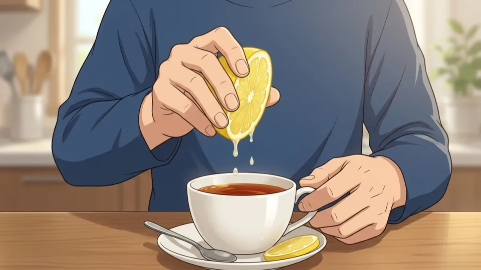紅茶にレモンを絞る手のクローズアップ
