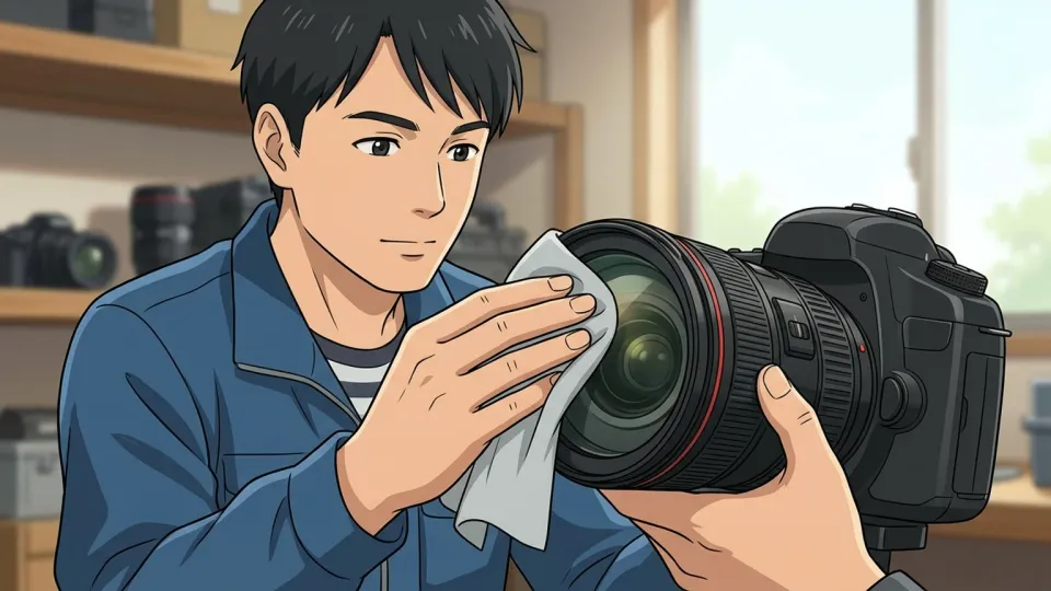 カメラのレンズを布で拭く写真家
