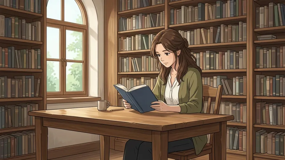 明るい図書館で本を読む女性