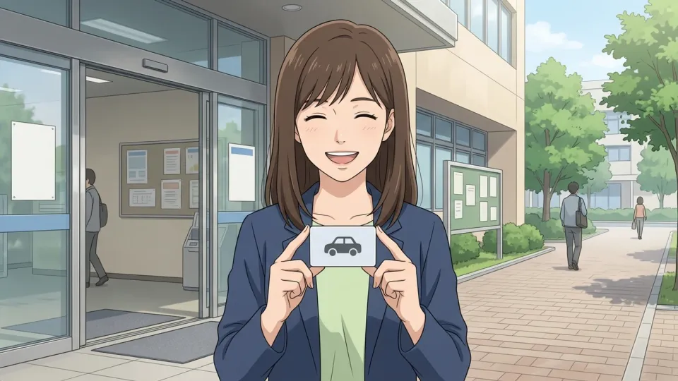 試験に合格して運転免許証を手にした女性。