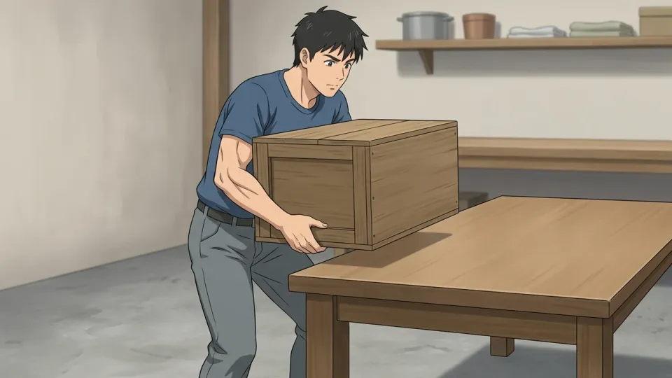 テーブルの上に重い箱を持ち上げる人物。
