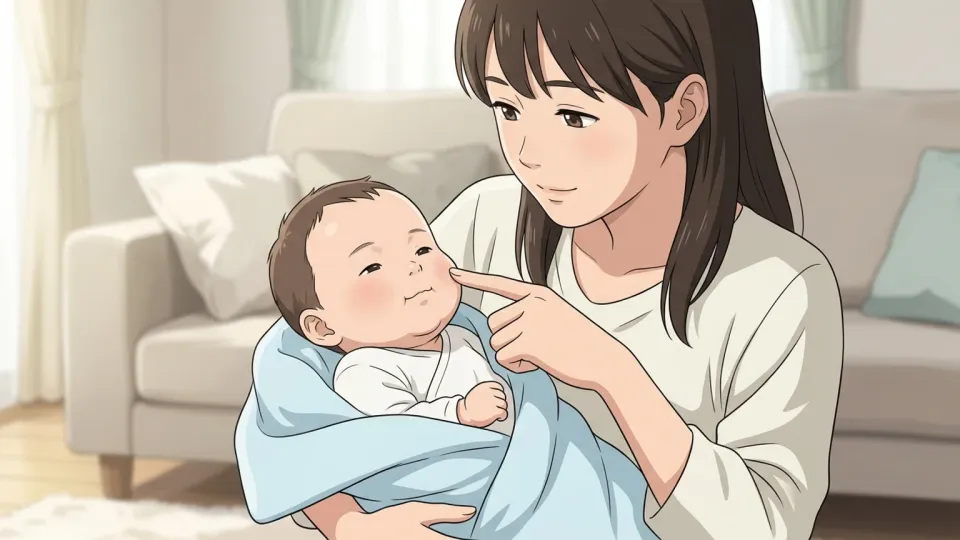 赤ちゃんの頬に指先で優しく触れる女性