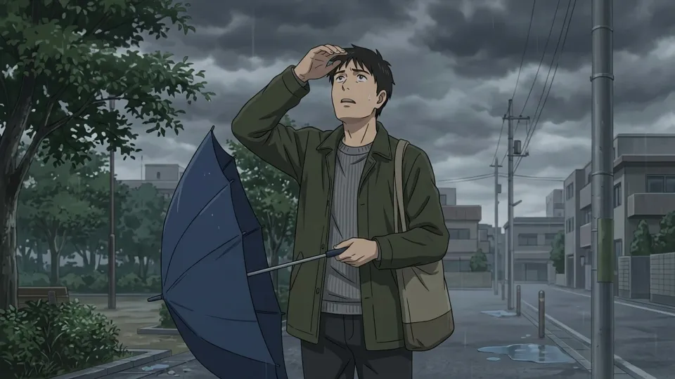 空を見上げて雨の接近を予感させる男性の様子