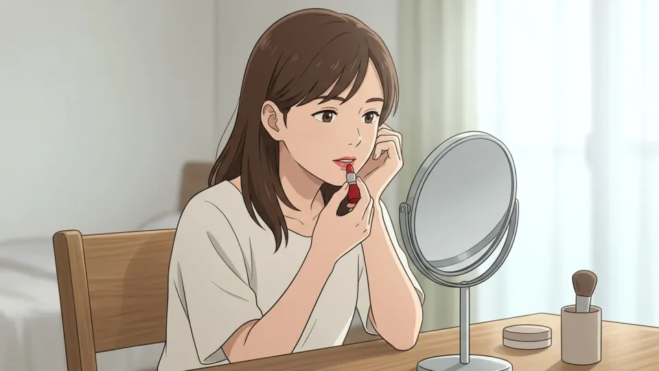 女性が鏡の前でリップスティックを唇に塗っているイラスト