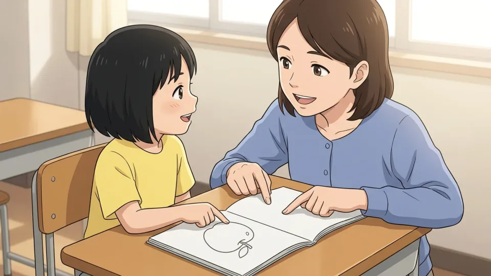 本を開いて文字を学んでいる大人と子ども