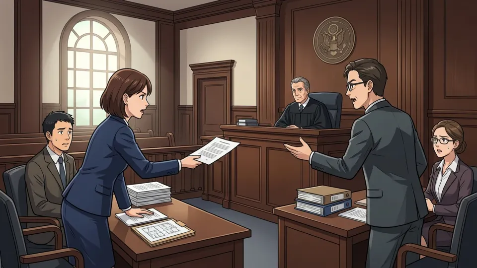 交渉が決裂した二社がそれぞれ弁護士と証拠を用意し、法廷で裁判官へ主張する場面