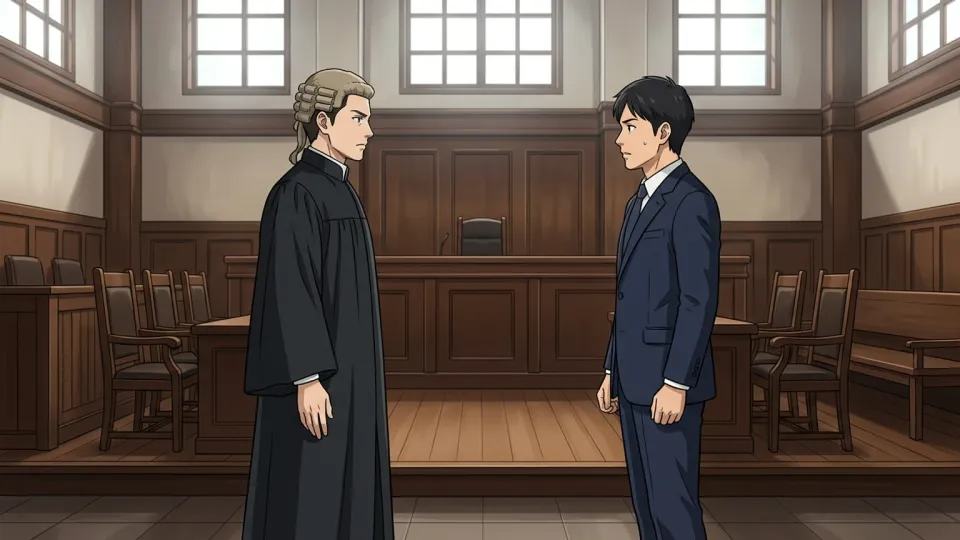 法廷で向かい合う弁護士とビジネスマン