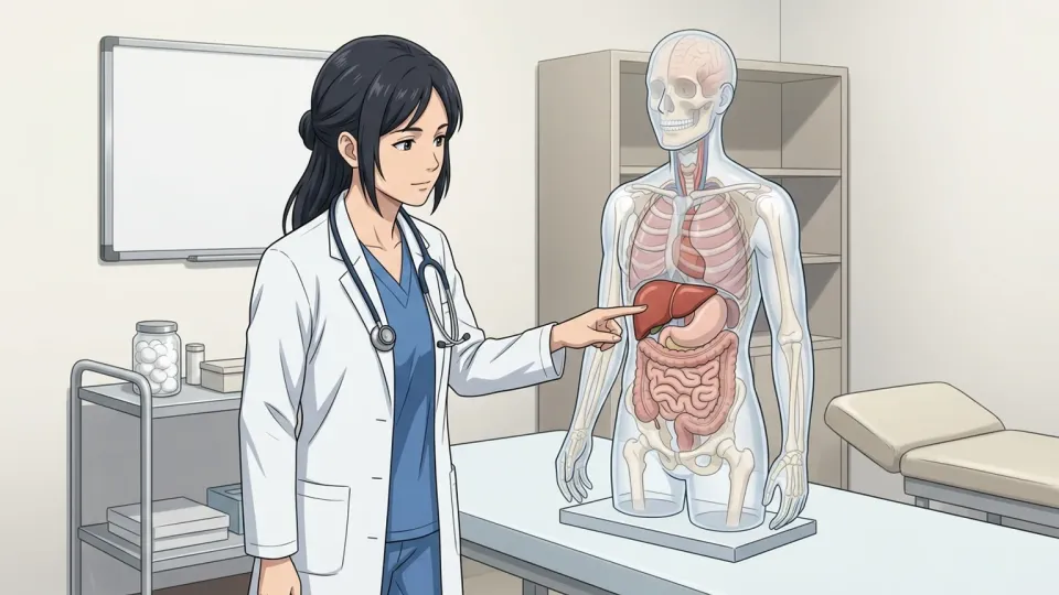 医師が人体模型で肝臓の働きを説明している様子